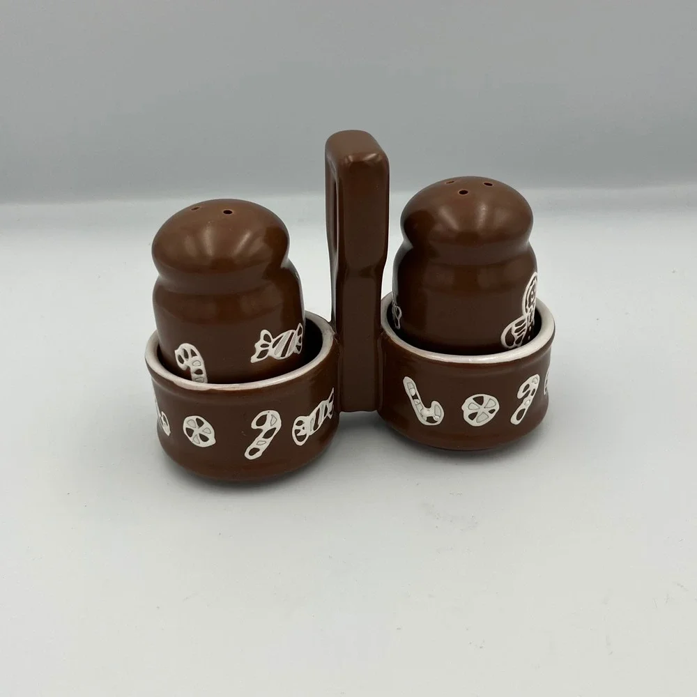 Brown‎ Gingerbread Man Candy Cane Salt Pepper Shakers with Caddy Set